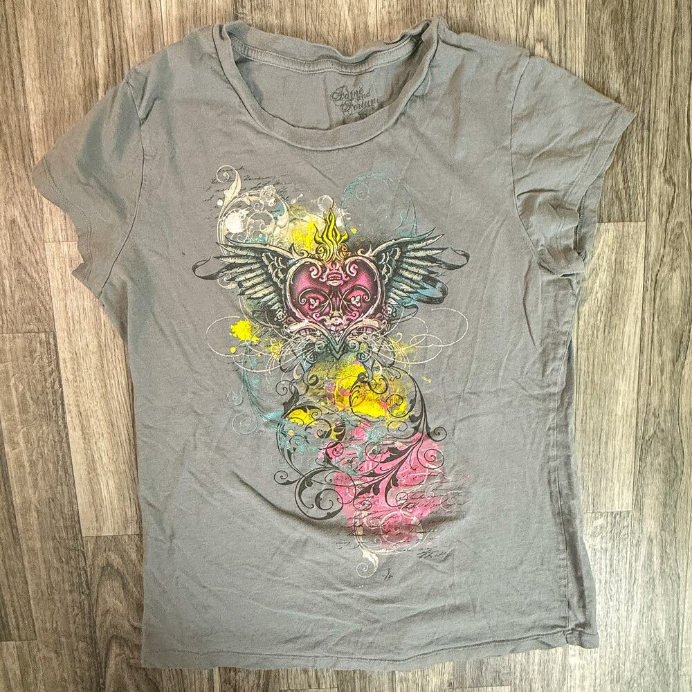Splendid Couture Girls XXL Gray Winged Heart Graphic Tee Angel Wings Shirt